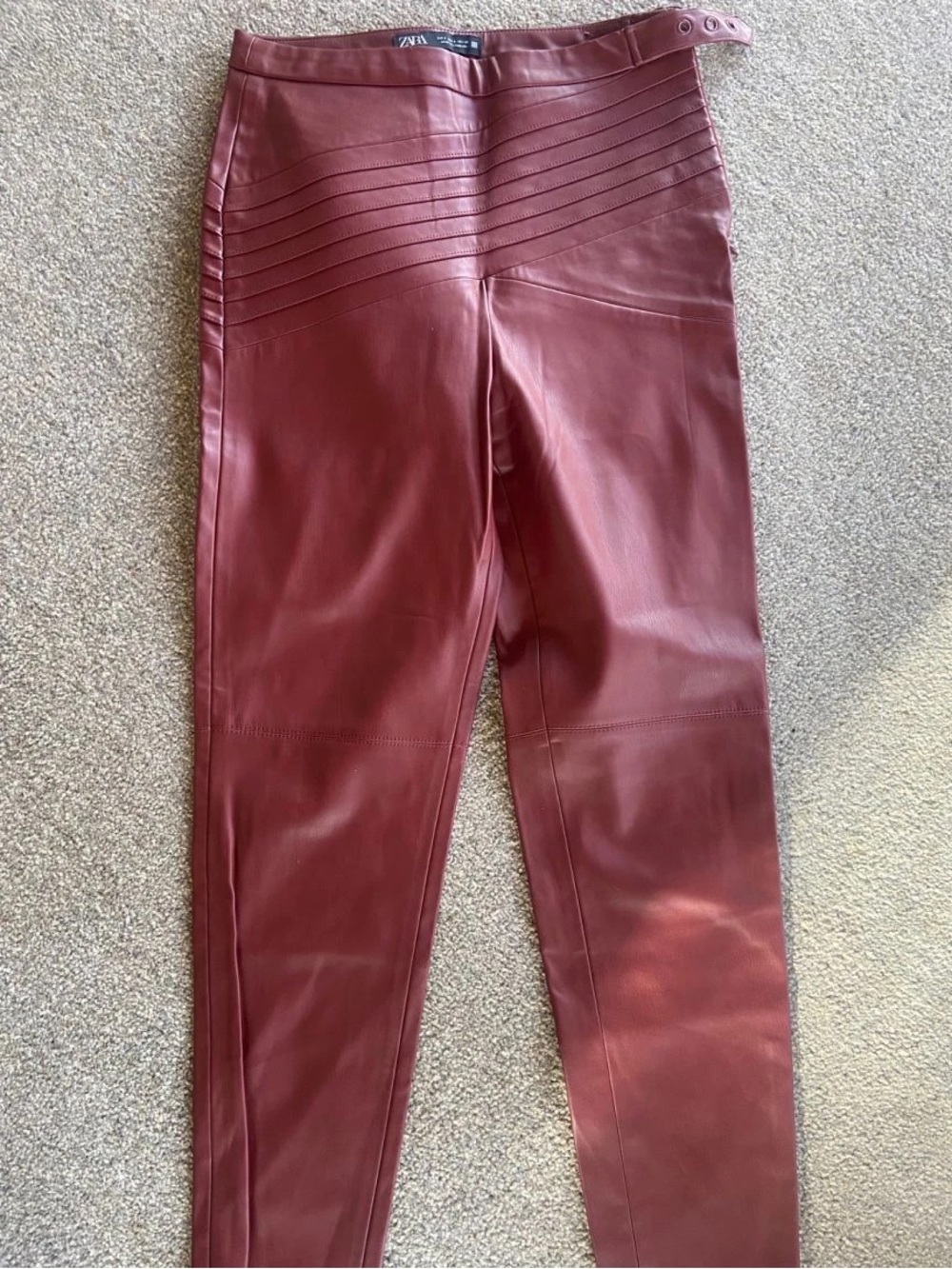 ZARA Wine Faux Leather Moto-Detail Skinny Pants